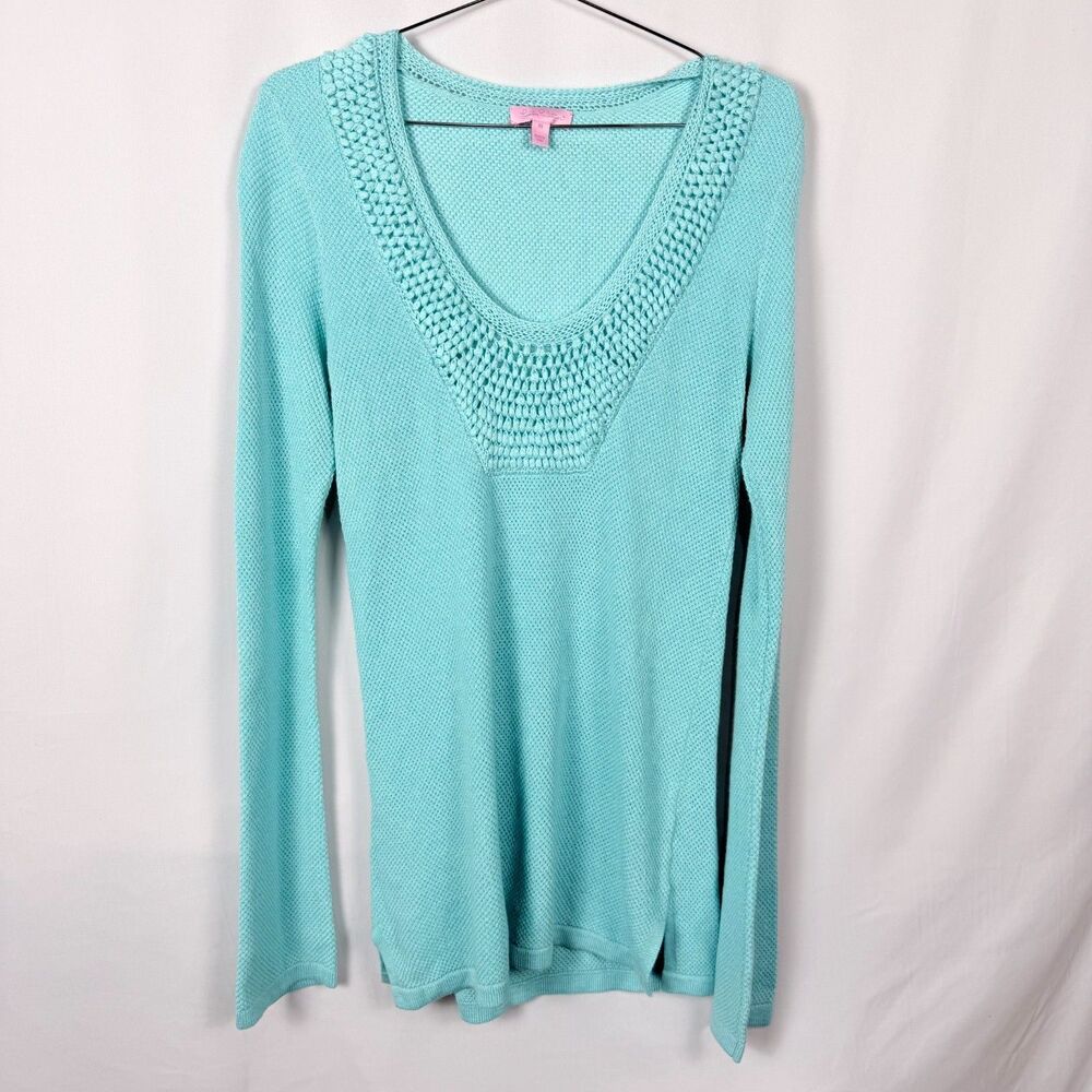 Lilly Pulitzer Roberts Tunic Sweater Aqua Teal Crochet Bib Detail Long Sleeve M